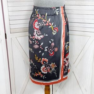 Loft Floral Satin Faux Wrap‎ Scarf Skirt Grey Coral Medium